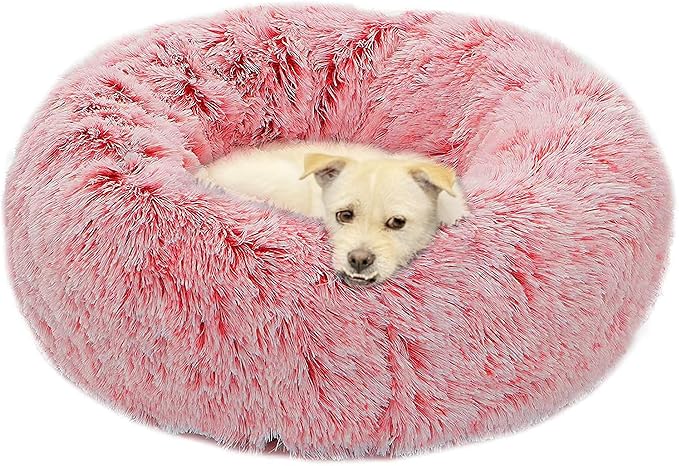 Calming Dog Bed X-Large, Soft Round Cuddler Dog Beds Fluffy Plush Faux Fur Pet Beds, Anit-Anxiety Self-Warming Comfy (32", Dark Pink)