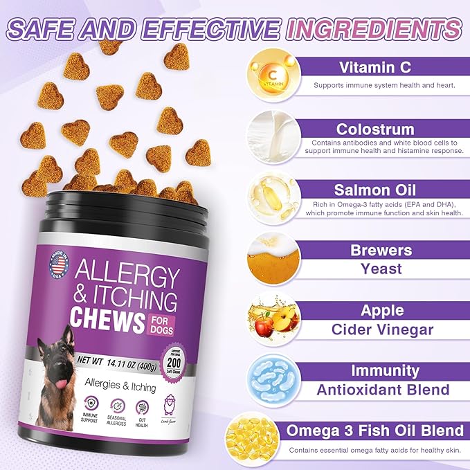 Dog Allergy Chews 200ct - Dog Allergy and Itching Skin Relief Anti Itch Aller Immune Bites for Dogs Licking Paws Treatment Relief Itchy Chew Probiotics Vitamins for Skin and Coat Allergies - Lamb