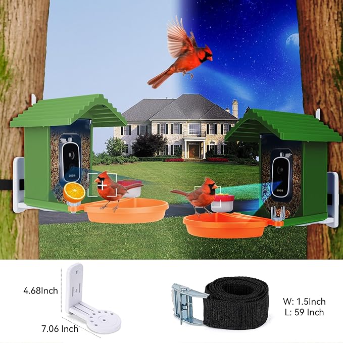 Smart AI Bird Feeder with Camera,2.5K HD Live View,Solar Powered,Instant Birds Species Recognition,Real Time Alerts,Wireless Birdhouse with Night Vision,Green