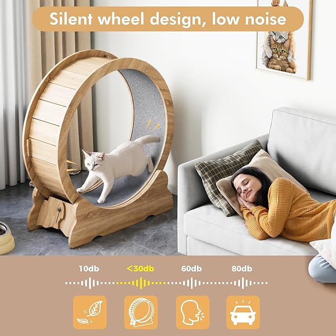Cat Wheel, 35.4 Inch Cat Exercise Wheel for Indoor Cats Treadmill with Detachable Carpet and Teaser, for Running Walking Training, Natural Wood