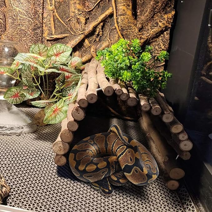 Hamiledyi Extra Large Tortoise Hide Reptile Hiding Cave Turtle Hut Gecko Hideaway Climbing Tunnel Toy Lizard Bendable Wooden Bridge for Adult Bearded Dragon Snake Chameleon Habitat Accessories