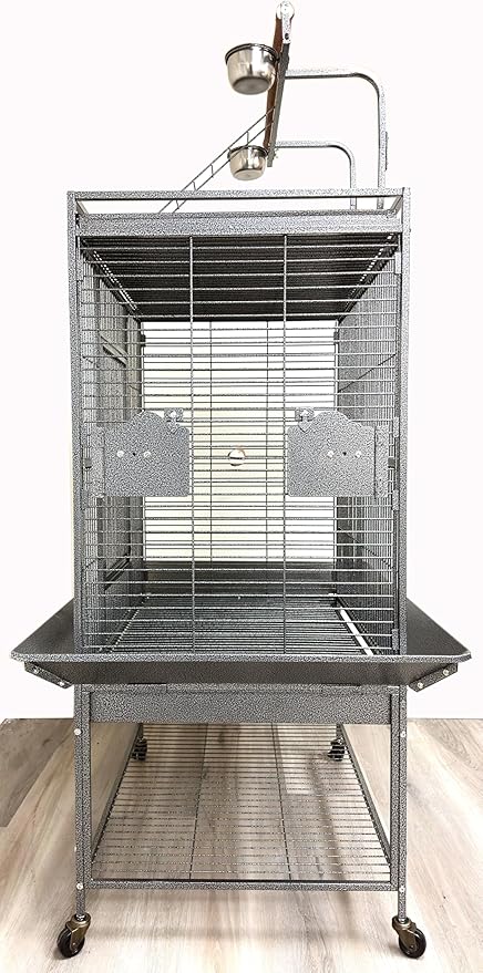 Large Deluxe Wrought Iron Bird Parrot Play Gound Perch Stand Top Climbing Ladder Metal Cage Include Seed Guard Storage Shelf Heavy Duty Lockable Rolling Wheels
