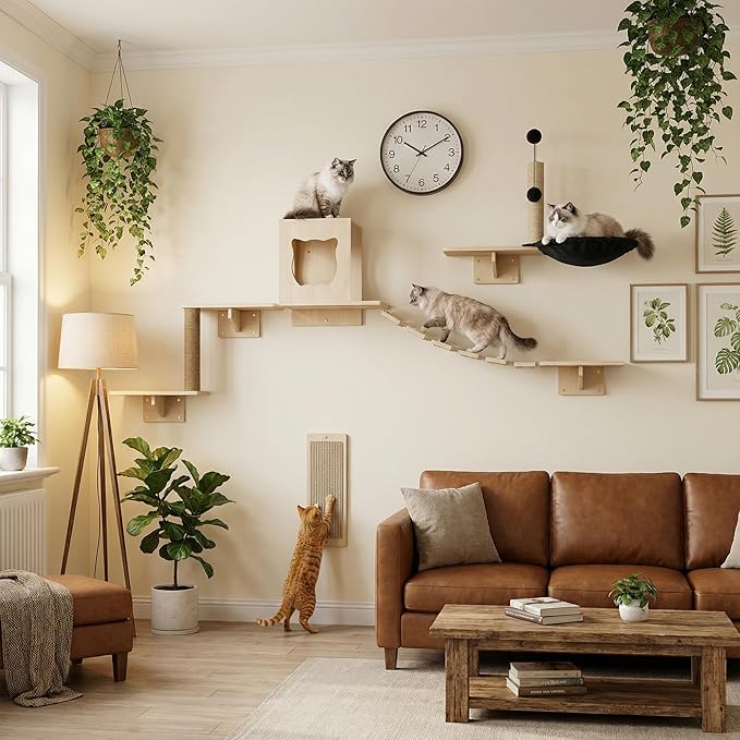 Cat Wall Shelves, Modern Wall-Mounted Cat Furniture Includes House, Bridge, Steps, Scratcher, Perch & Lounge for Indoor Cats, Space-Saving Wall Mounted Cat Shelves for Play & Rest