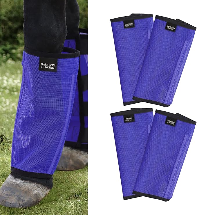 Harrison Howard Loose Fitting Fly Boots UV-Protective Extra Tough Mesh Ventilated Four Fasteners Stay-on Design Protect Horse Legs & Stomp-Reducing Set of 4 Deep Navy Large