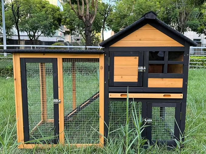 Outdoor Chicken coops for 2-4 Chickens Wooden with Waterproof Asphalt Roof, Ramp, and Multiple Doors Openable Top Pull-Out Tray Suitable for Outdoor Backyard (Yellow Black)
