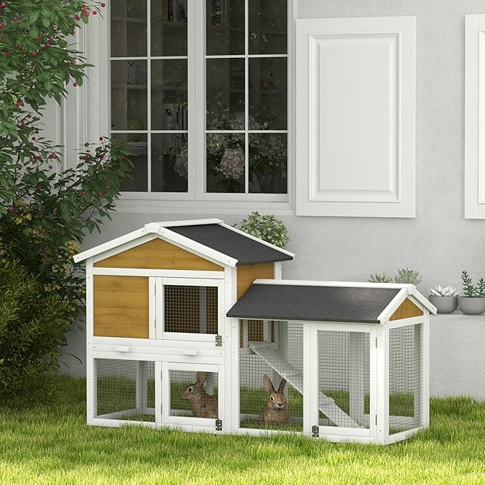 PawHut 58" Rabbit Hutch, Wooden Bunny Hutch, Guinea Pig Cage, Small Animal Enclosure with Run Area, Removable Tray, Asphalt Roof, Lockable Doors and Ramp, Nature Wood