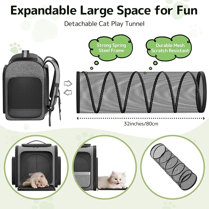 Pawtners Cat Carrier Backpacks with Play Tunnel, Expandable Cat Backpack with Breathable Mesh, Pet Carrier Backpack for Small Cats Dogs Up to 18 Lbs, Dog Backpack for Travel Hiking Camping Outdoor