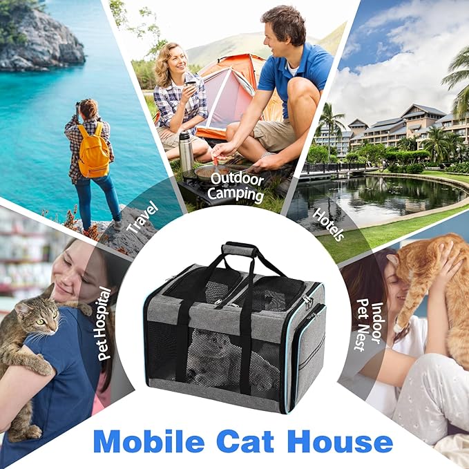 Portable 2-in-1 Pet Carrier,Double Compartment Cat & Dog Carrier for 2 Cats,Expandable Medium Dogs Large Cat Carrier with Sturdy Base,Breathable,Good for Traveling Walking Camping（Blue）