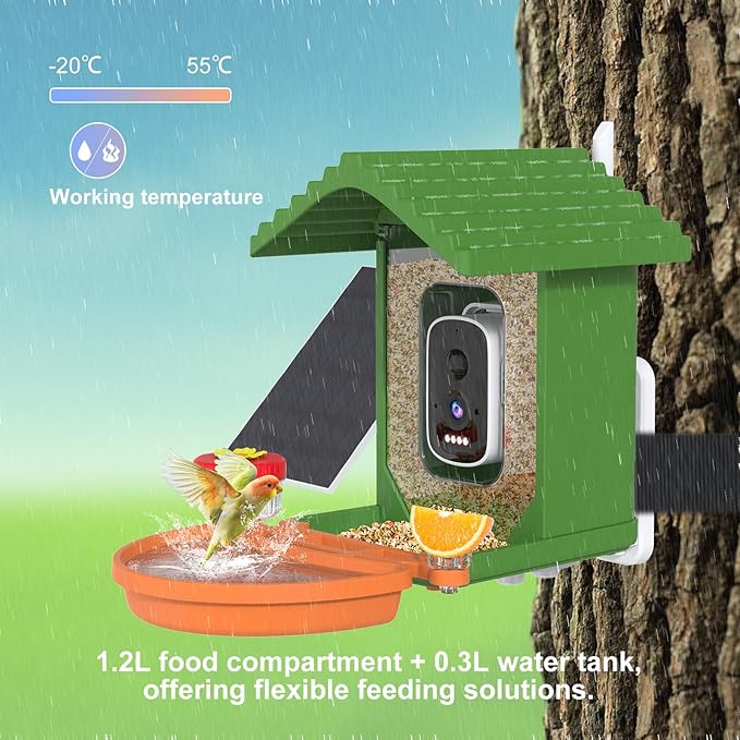 Smart AI Bird Feeder with Camera,2.5K HD Live View,Solar Powered,Instant Birds Species Recognition,Real Time Alerts,Wireless Birdhouse with Night Vision,Green