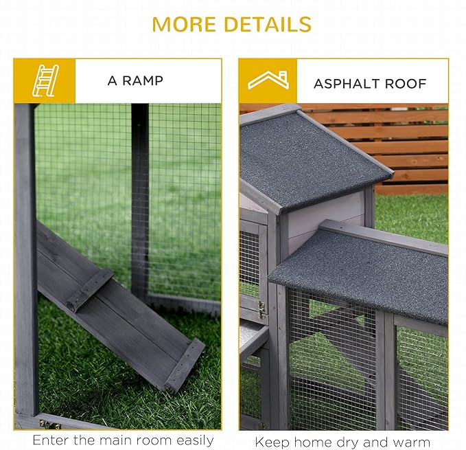 PawHut 58" Rabbit Hutch, Wooden Bunny Hutch, Guinea Pig Cage, Small Animal Enclosure with Run Area, Removable Tray, Asphalt Roof, Lockable Doors and Ramp, Dark Gray