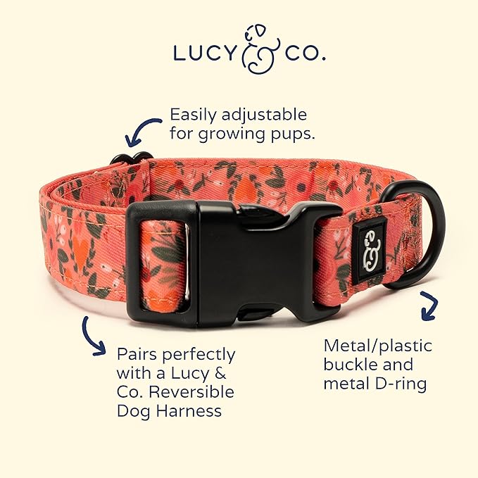 Lucy & Co. Posy Pink Dog Collar - Durable Lightweight Designer Collar for Pets - Adjustable Metal Safety Buckle - Coral Pink Floral - Medium