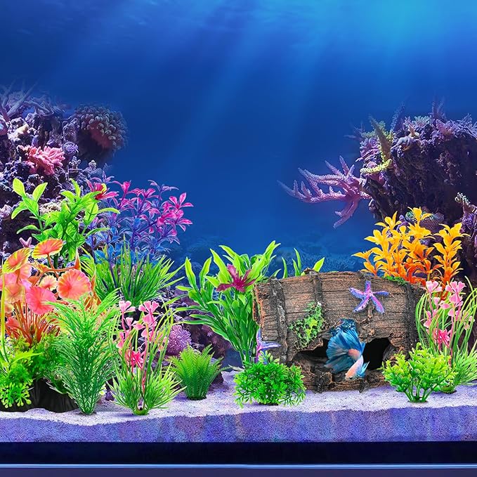 CousDUoBe Fish Broken Barrel Decor Fish Tank Decorations Betta Fish Tank Accessories,Starfish Barrel x 1pc, Aquarium Plants x 11pcs