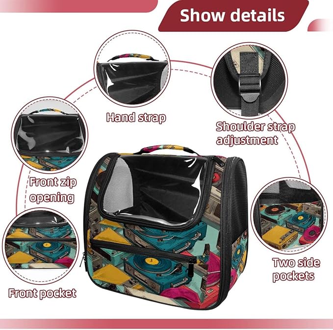 Color Record Player Pattern (2) Pet Cat Backpack Carrier for Kitty Small Dog, Ventilated Pet Carrier Bag for Car, Walking, Hiking, Outdoors