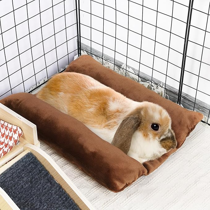 MEWTOGO 15.7 x 14In Rabbit Bed, Thickened Soft Bunny Bed, Cuddle Cushion Plush Mat with Cotton Lounger Pillows, Small Pet Flop Mat for Cage Sleeping Indoor Bunny Gifts, Brown