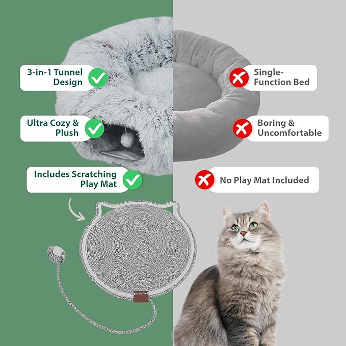 Cat Tunnel Donut Bed & Cat Scratch Pad, Interactive Cat Tunnels for Indoor Cats, Fits Multiple Cats Up to 15 lbs, Cozy and Durable Cat Hideaway Toy for Kittens, Puppies, Rabbits (Grey)
