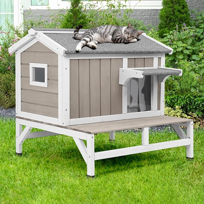 Small Cat House Weatherproof, Wooden Feral Cat House Outdoor with Balcony, Internal Dividers, PVC Curtain Door, Outside Indoor Cats Shelter with Elevated Feet, Openable Roof, Grey