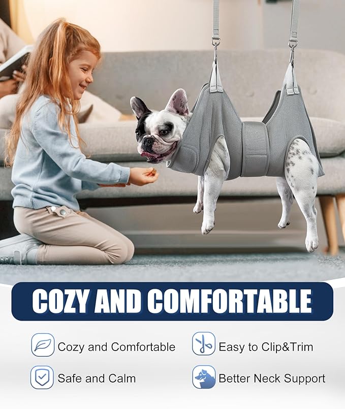 Dog Grooming Hammock Harness, M-Large Dog Hammock for Nail Trim, Gray Dog Restraint for Nail Clipping,Dog Grooming Sling Thick Neck Support