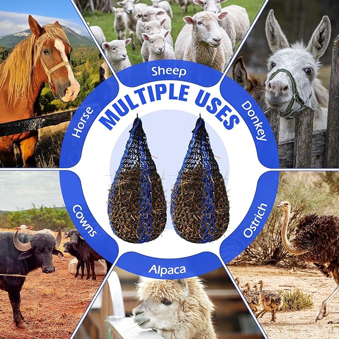 2 Pcs Slow Feed Hay Bag 36 Inch Ultra Slow Hay Feeders 1.5 x 1.5 Inch Holes Hay Nets for Horses Goat Livestock Horse Supplies, Black and Blue