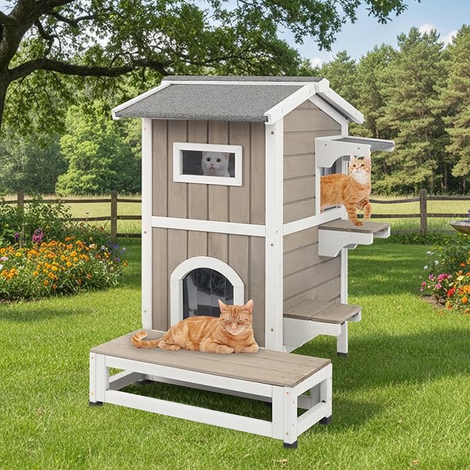 Outdoor Cat House Weatherproof, Wood Two Story Cat House with Openable Roof, 4 Doors, Balcony, Outside Indoor Pet House Feral Cats Shelter with Jumping Platforms for Small Animals, Grey