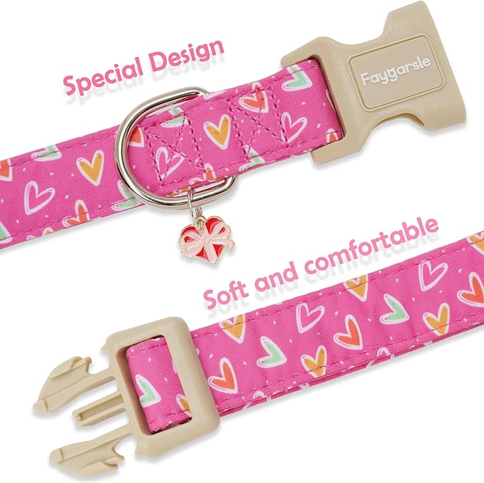 Faygarsle Valentine's Day Dog Collar, Pink Heart Pattern with Metal D-Ring and Heart Charm, Adjustable Pet Collar for Small Medium Large Dogs S