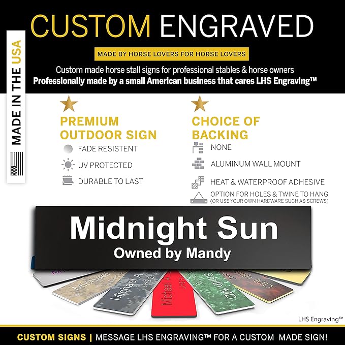 Personalized Horse Stall Name Plates, 2x10 Horse Stall Signs with Adhesive, All Weather UV Protected, Black Plastic White Letters - Made in USA - B2