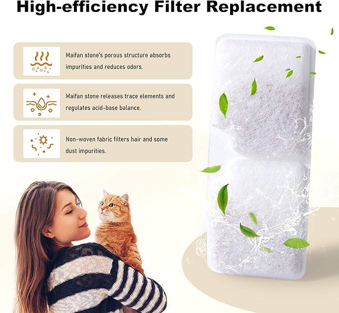 6 Pack Cat Water Fountain Filters, Replacement Filters Compatible for 128oz/3.78L Wireless Stainless Steel Pet Water Dispenser, 6 Filters + 6 Sponges