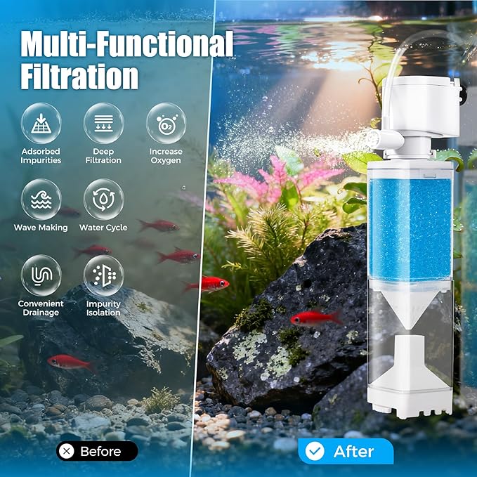 Aquarium Filter, Internal Fish Tank Filters for 10-20 Gallon Aquariums, Adjustable Flow & Wavemaker, Isolate Impurities, Ultra-Quiet Water Circulation
