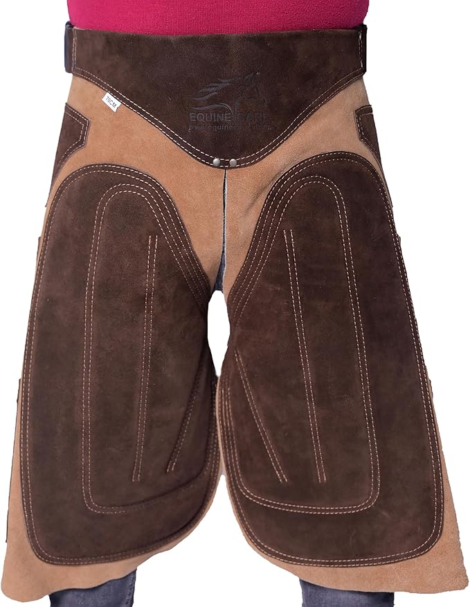 Equine Care Farrier Apron Chaps – Cowhide Suede Leather, Foam Padded Thigh and Back Support, Adjustable Waist, Tool Pockets, Magnetic Nail Holders (27 inches (70 cm))