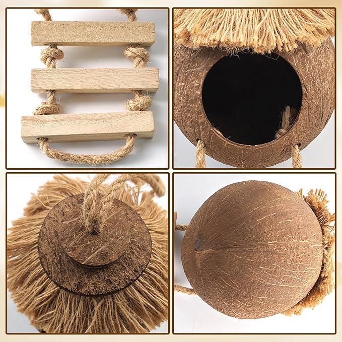 Crested Gecko Tank Accessories Coconut Hide with Ladder,Leopard Gecko Coconut Hut Hideout Hanging Lizard Seagrass Hammock Dragon Cage Lounger Jungle Vine Flexible Leaves Reptile Tank Decor