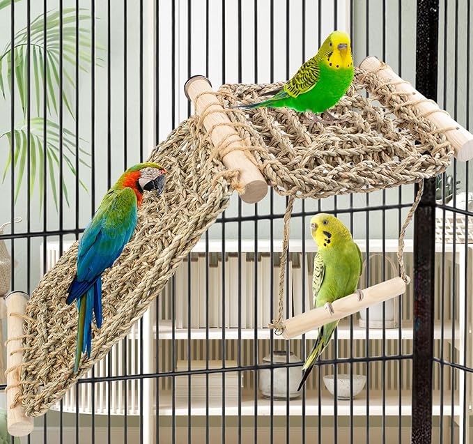 FlidRunest Bird Perch Platform Swing with Climbing Ladder, Parrot Chewable Natural Seagrass Woven Hammock, Parakeet Cage Accessories Playing Gyms Exercise Sturdy for Cockatiels, Lovebirds, Budgies