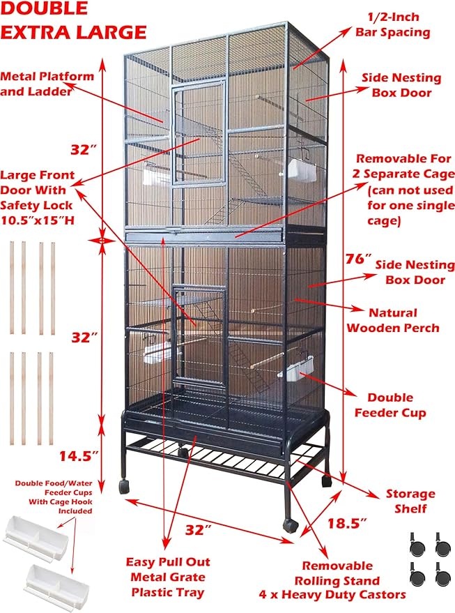 X-Large Double Durable Stackable Two Separate 3-Levels Bird Parrot Cages Side Breeding Nest Box Doors Easy Clean Pull Out Metal Grate and Tray with Detachable Stand on Wheels
