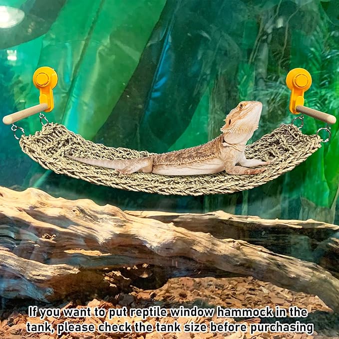 VCEPJH Bearded Dragon Hammock Large Reptile Window Perch Seagrass Climbing Tank Accessories Lizard Lounger Bed with Powerful Suction Cups Bearded Dragon Toys for Gecko Chameleon Basking (19.68 * 7.87)