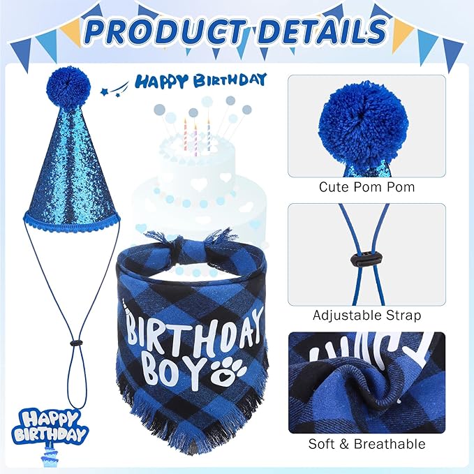 SCENEREAL Dog Birthday Party Supplies, Dog Birthday Bandana Hat Toy Bow Tie Collar Set with Birthday Numbers, Pet Birthday Scarf Accessories Outfit Decorations for Boy Girl Medium Large Dogs, L