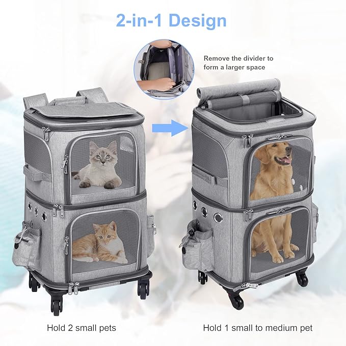 Extra Large Double-Compartment Pet Carrier Backpack with Wheels for Small Dogs and Cats, Cat Rolling Carrier for 2 Cats, Perfect for Traveling/Taking a Walk/Trips to The Vet, Grey