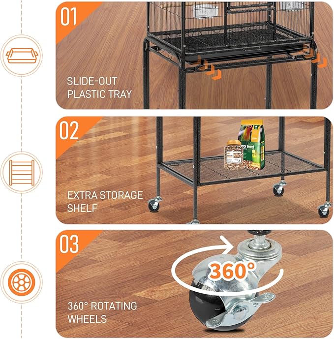 VINGLI 53-inch Large Bird Cage with Rolling Stand, Durable Wrought Iron Parakeet Cage with Slide Out Tray, Black Bird Cages for Parakeets/Lovebird/Cockatiels/Budgies and Other Small/Medium Birds