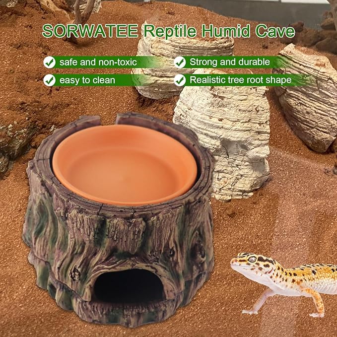 3 in 1 Reptile Hide Cave with Humidifying Basin & Detachable Base, Terrarium Tank Decor Moisture Keeping Hideout Cave for Small Reptiles Crested Gecko, Leopard Gecko, Lizard, Snake, Crabs