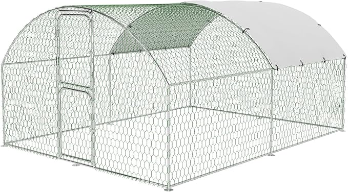 Large Metal Chicken Coop Run,Outdoor Walk-in Cage Peak Hen House with Waterproof and Anti-Uv Cover,Dome Roof Hen House with Security Lock for Outdoor,Backyard and Farm, 9.8 x 13.1 x 6.6 ft
