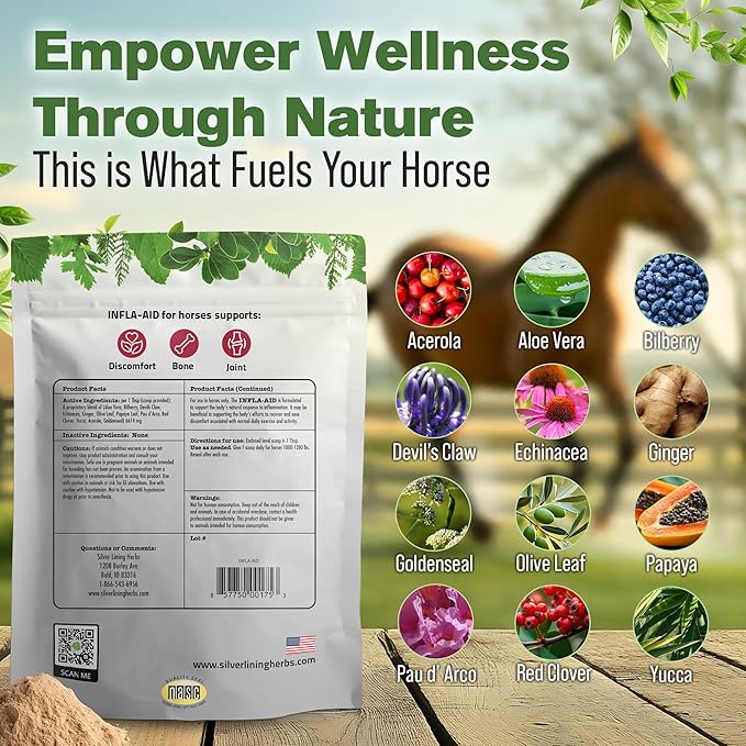 Silver Lining Herbs Infla-Aid for Horses – Natural Anti Inflammatory Supplement for Inflammation Relief – Supports Recovery, Comfort, and Mobility in Muscles, Tendons & Joints – 1 lb Bag (60 Servings)