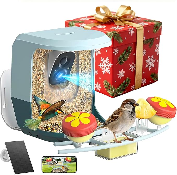 Smart Bird Feeder with Camera Solar Powered - 2K HD Video Camera AI Identify Birds, Send Real-time Notifications & Instant Arrival Alerts- Weatherproof Design,Birds Lover Gifts