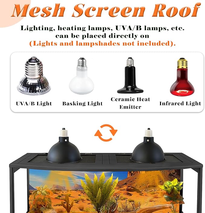 PROLEE Bearded Dragon Tank, Curved Reptile Enclosure with 3-Side Clear Acrylic Panels, Spacious Lizard Tank with Metal Mesh Top and Lockable Door for Reptile Habitat (Black, 48" Length,80 Gallons)
