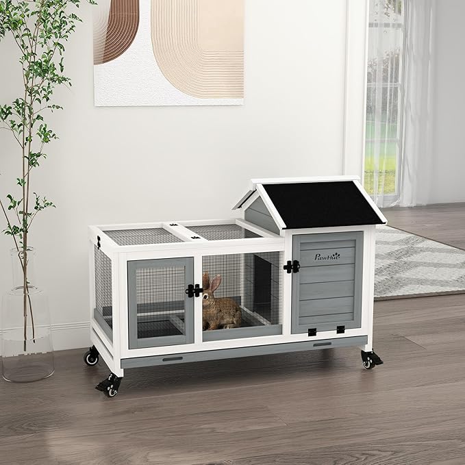 PawHut Wooden Rabbit Hutch with Wheels, Indoor Outdoor Large Bunny Hutch with Run & Slide-Out Tray for Small Animals, Rabbits, Chickens, Ducks, Guinea Pig, Gray