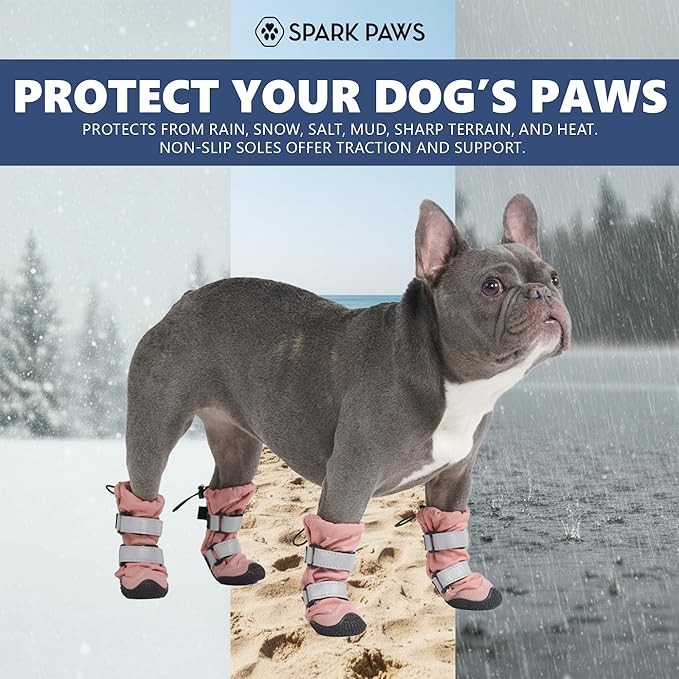Spark Paws Dog Shoes, Waterproof Dog Boots for Medium to Large Dogs, Non Slip, Breathable Dog Booties and Paw Protectors - 4PCS Doggie Hiking Boots with Reflective Straps - Pink, Size 5