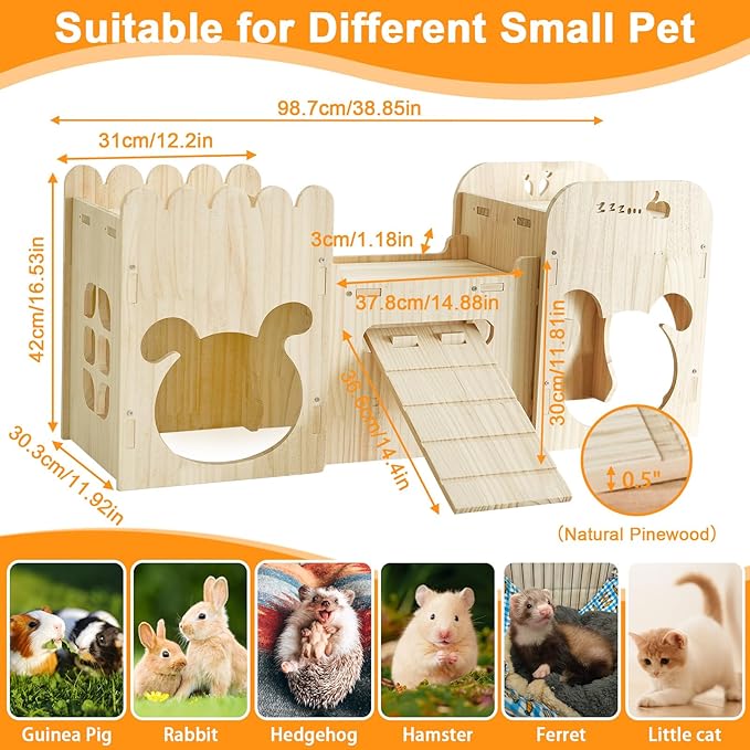 Natural Wooden Rabbit Castle House,Extra Large Bunny Castle for Rabbit Guinea Pig Chinchilla Ferret,Sturdy Bunny House with Stair