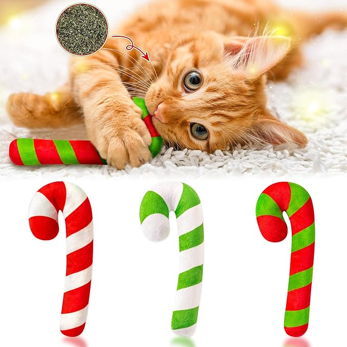MALLMALL6 3Pcs Christmas Candy Cane Catnip Toys Gift for Cat, Indoor Cat Chew Bite Kick Catmint Pet Toys Supplies for Cat Lover Xmas Gifts, Cute Interactive Cat Toy for Pet Presents (Tricolor)