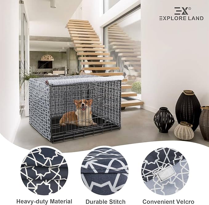 Explore Land Pattern Dog Crate Cover for 24 Inches Wire Cage, Heavy-Duty Polyester 1 2 3 Doors Standard Metal Pet Kennel Enclosure (Morocco)