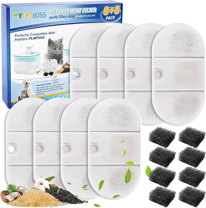 Cat Water Fountain Filter - 8 Pack Replacement Filters and 8 Pack Sponge Filter Compatible with PETLIBRO Capsule 71oz/2.1L Ultra Quiet Water Fountains PLWF002 Pet Dispenser