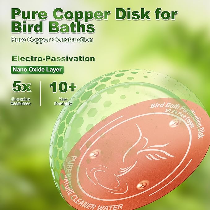 2 Pack Bird Bath Copper Disk, 99.99% Pure Copper Purification Disk - Physical Safe Clean Water All-Season, Bird-Safe for Outdoor Baths, Solar Fountains, Concrete Bowls (3-Point Support)