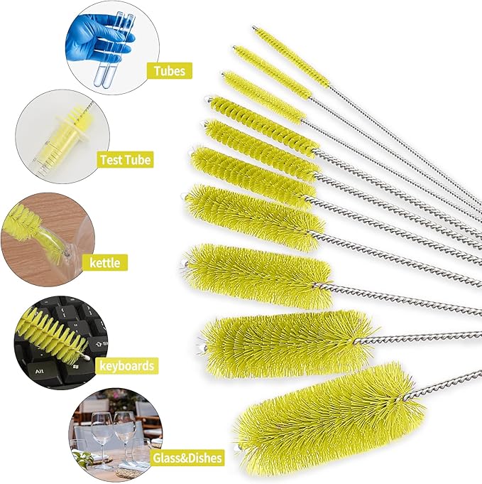 CiaraQ Bottle Cleaning Brushes, 8 Inch Nylon Tube Brush Set, Cleaner for Narrow Neck Bottles Cups with Hook, Set of 10pcs.