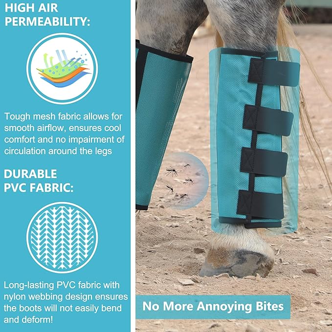 Horse Fly Boots Set of 4 - Non-Slip Leg Guards Extra Tough Mesh Ventilated, Adjustable Horse Fly Leggings Reduce Stomping & Hoof Stress & Leg Fatigue Paleblue Small