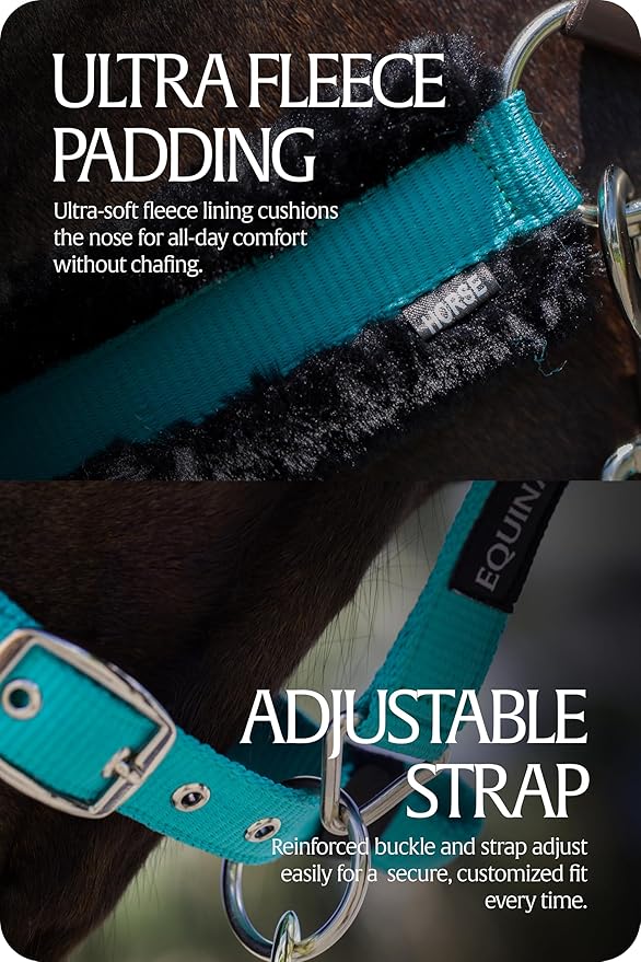 Equinavia Valkyrie Ultra Fleece Breakaway Horse Halter | Padded Fleece Adjustable Safety Halter with Nylon Webbing - Turquoise/Black - Warmblood